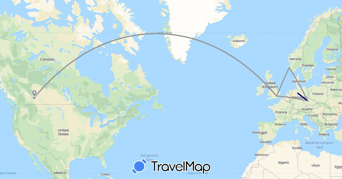TravelMap itinerary: driving, plane in Canada, Czech Republic, Germany, United Kingdom, Norway (Europe, North America)