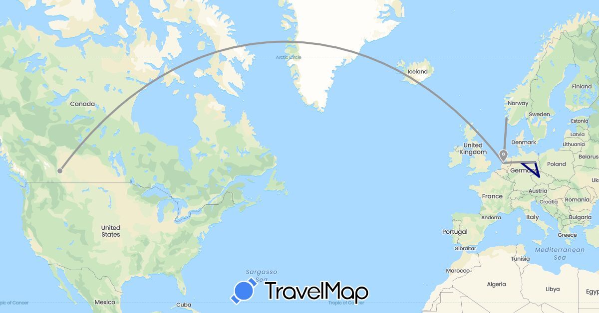 TravelMap itinerary: driving, plane in Canada, Czech Republic, Germany, Netherlands, Norway (Europe, North America)